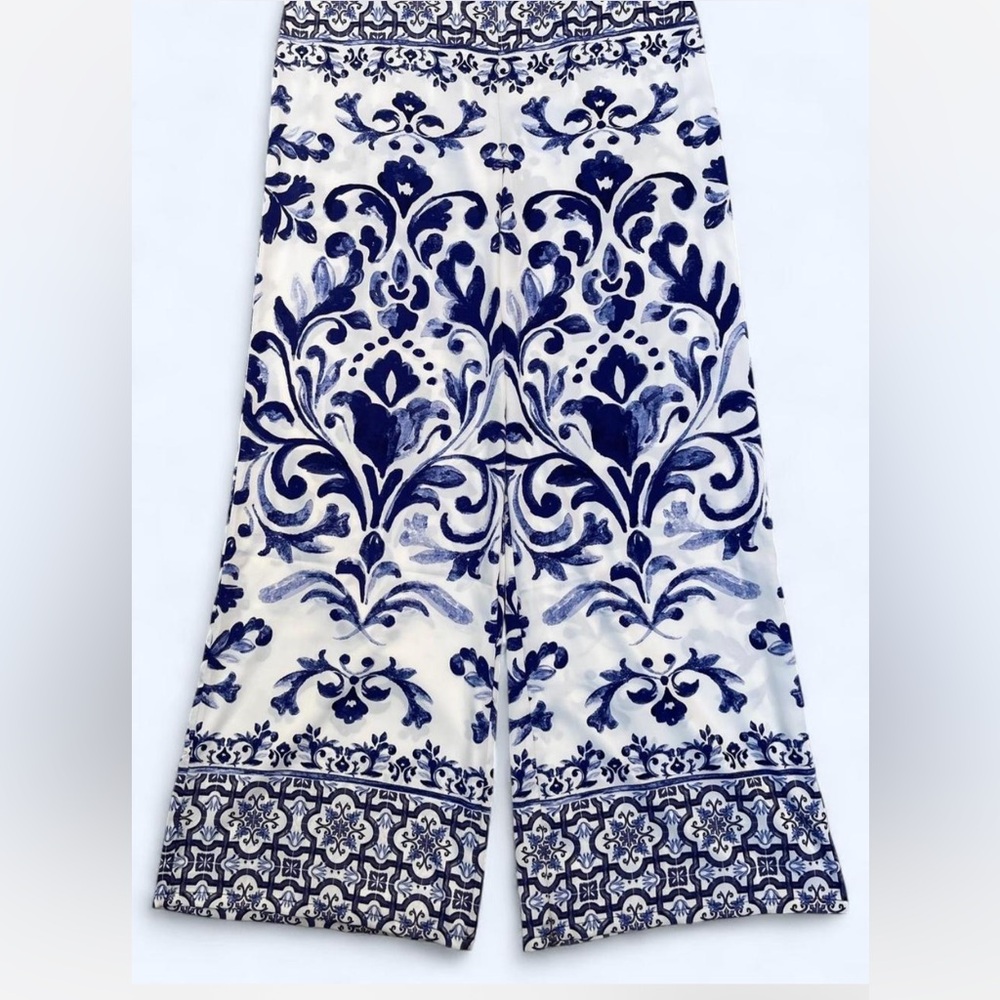 Rachel Zoe Navy and White Patterned Palazzo Trousers Resort